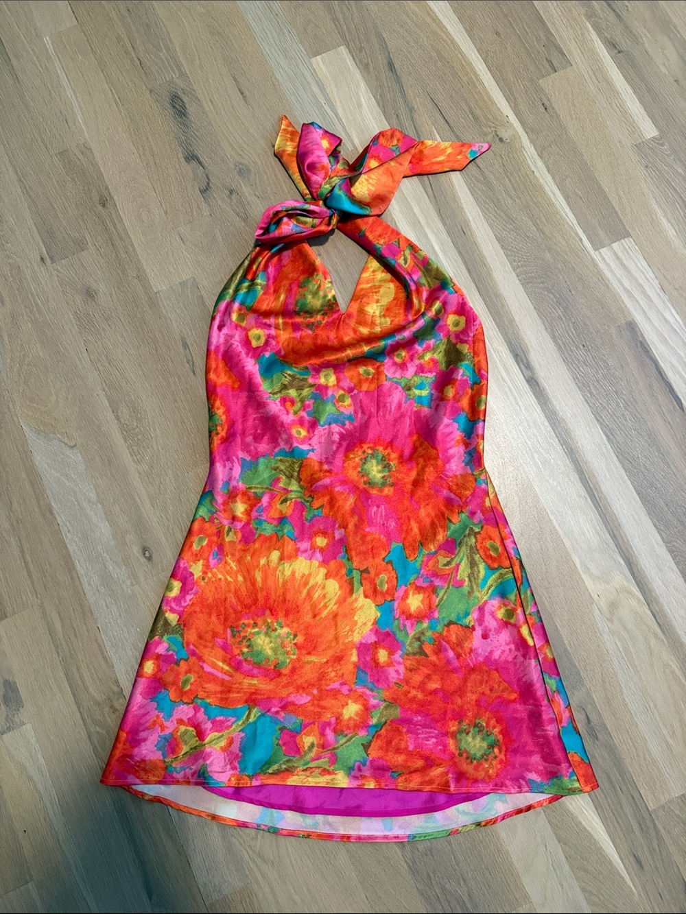 Show Me Your MuMu Pink & Orange Floral Halter Mini Dress